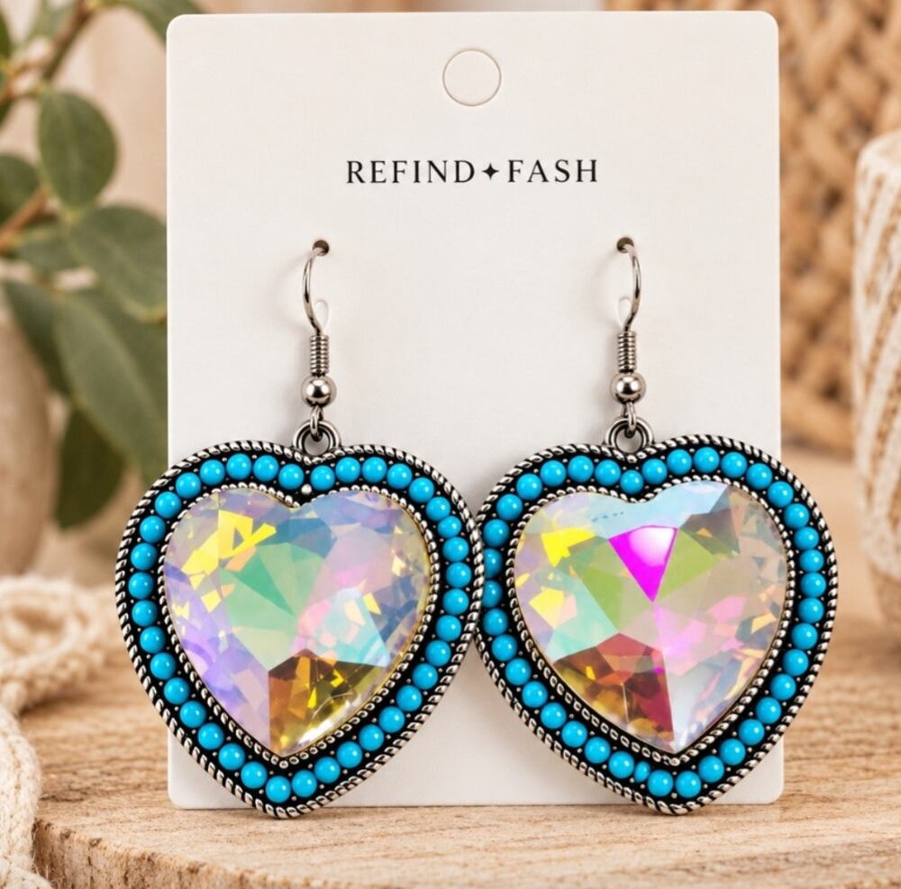 Bling Turqouise AB Stone Heart Earrings New